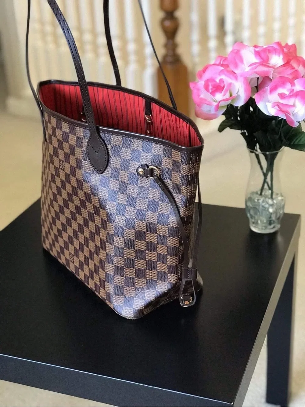 Louis Vuitton Brown Damier Tote with Red Interior